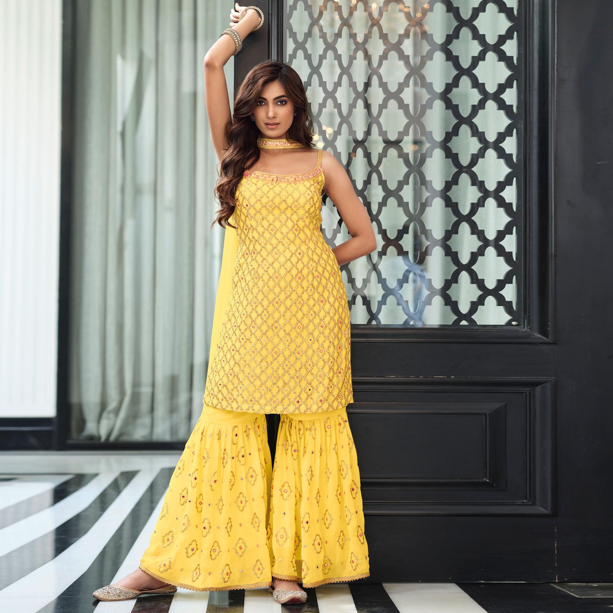 Designer Yellow Partywear Embroidered Georgette Sharara Suit